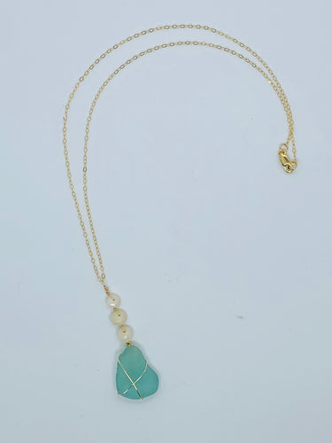 Triple Puka shell • Beachglass Necklace