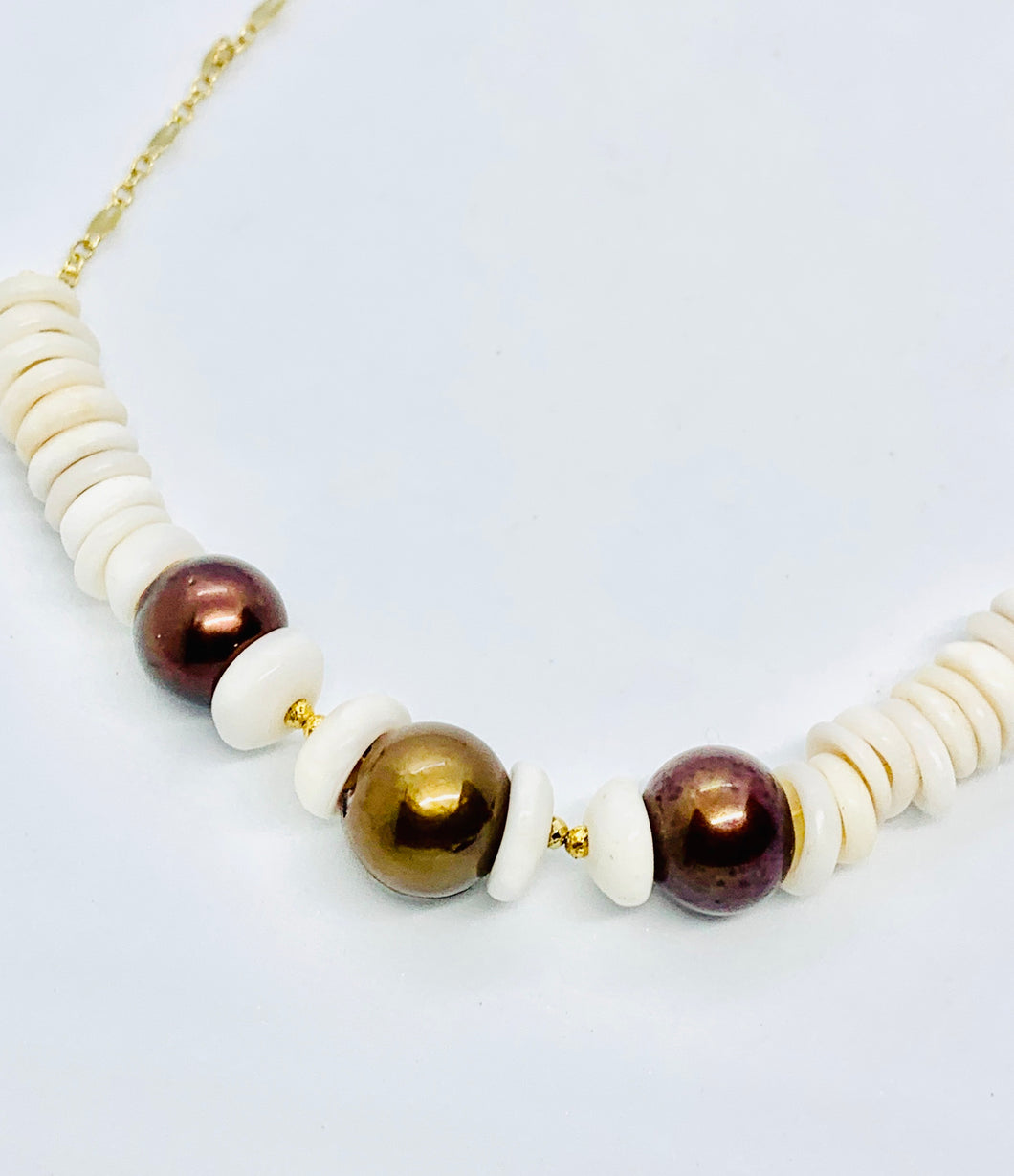 Chocolate Tahitian Pearl and Puka Shell Necklace