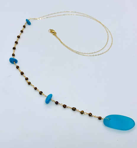 Turquoise Glass, Gems and Bead Lariat