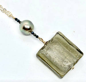 Silver Infused Glass and Tahitian Pearl Necklace